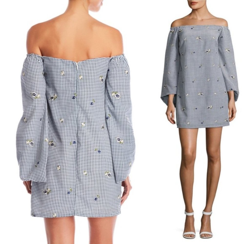 Lucy Paris Gingham Floral Strapless Off shoulder Shift Mini Dress S Blue White